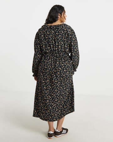 Ditsy Floral Print Frill Neck Detail Midi Dress