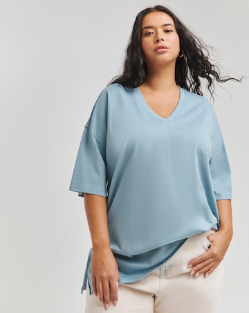 Dusty Blue Oversized Exposed Seam V Neck T-Shirt