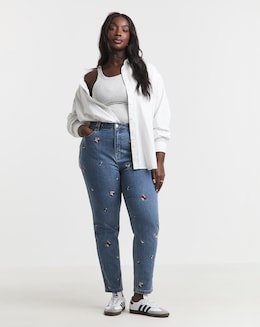 Mid Blue Floral Embroidered Slim Mom Jeans