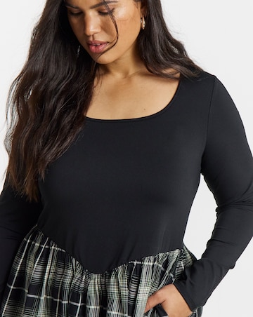 Black Jersey And Check Woven Skirt Midi Dress With Pockets