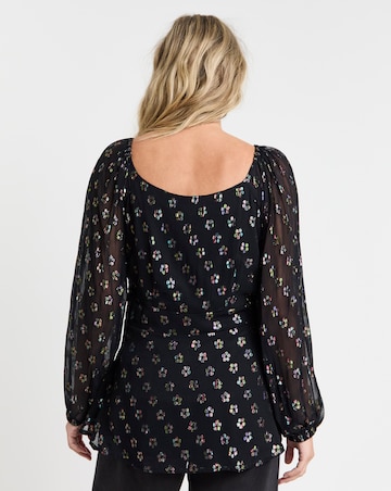 Rainbow Foil Print Tie Front Blouse
