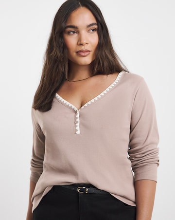 Mocha Ribbed Henley Top with Whipstitching