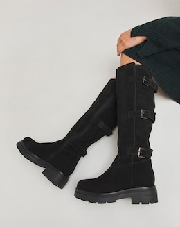 Kiah Suede Multi Buckle Chunky Knee High Boots - Wide Fit (E) &amp; Super Curvy Calf