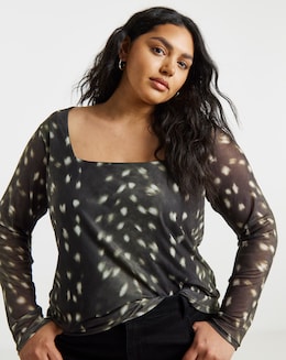 Green Deer Print Square Neck Mesh Top