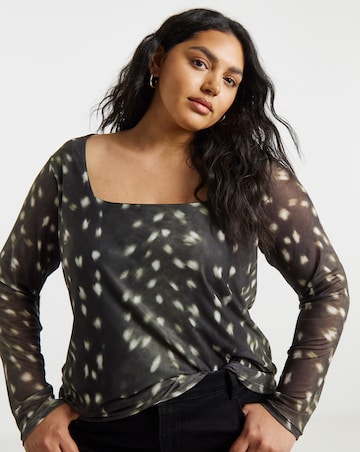 Green Deer Print Square Neck Mesh Top
