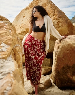Red Print Spun Viscose Wrap Midaxi Skirt