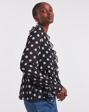 Spot Print Ruffle Front Blouse