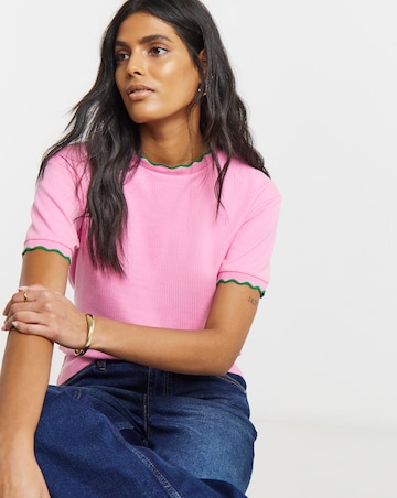 Simply Be Pink & Green Ribbed Scallop T-Shirt