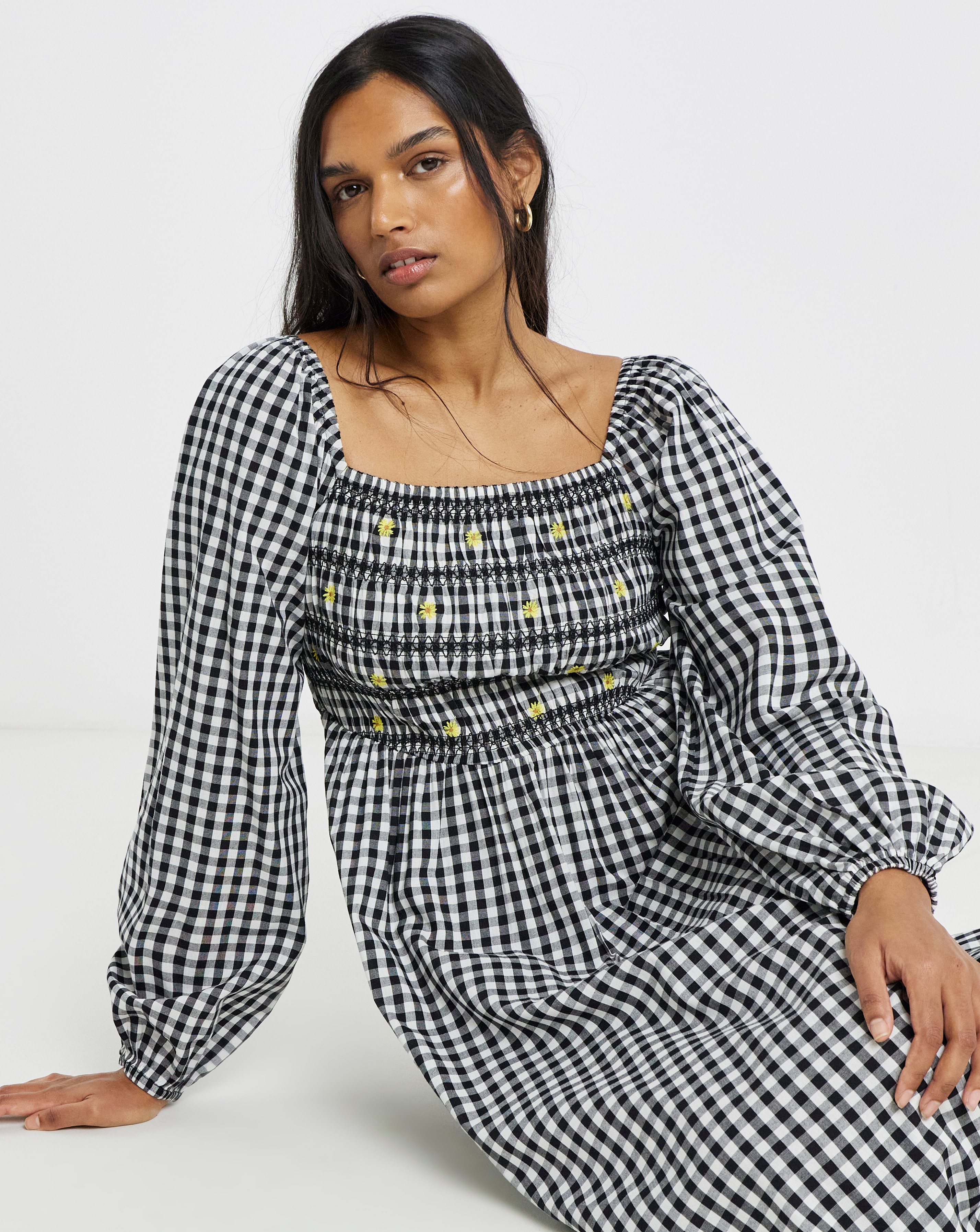 Floral Embroidered Mono Gingham Shirred Midi Dress | Simply Be