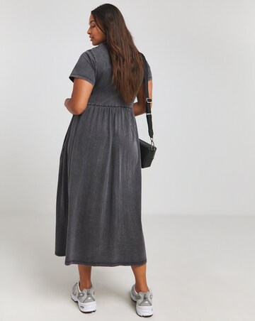 Grey Acid Wash Cotton Jersey Short Sleeve Pocket Midi Dress