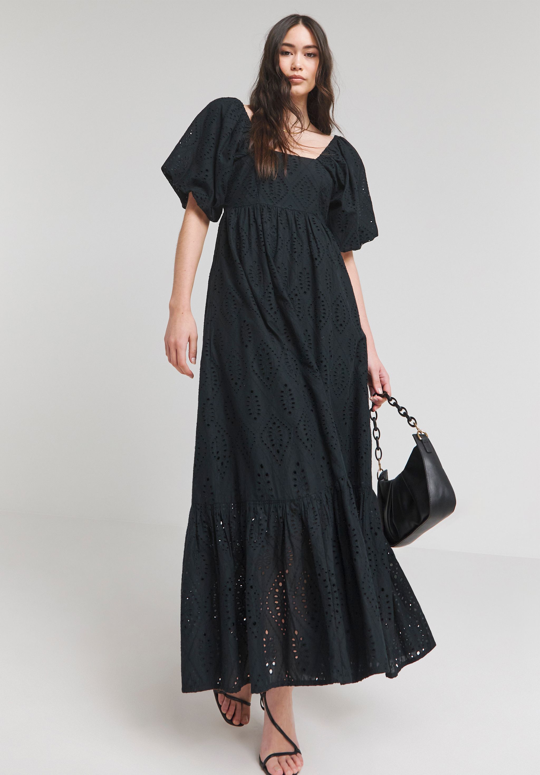 Black Square Neck Broderie Maxi Dress