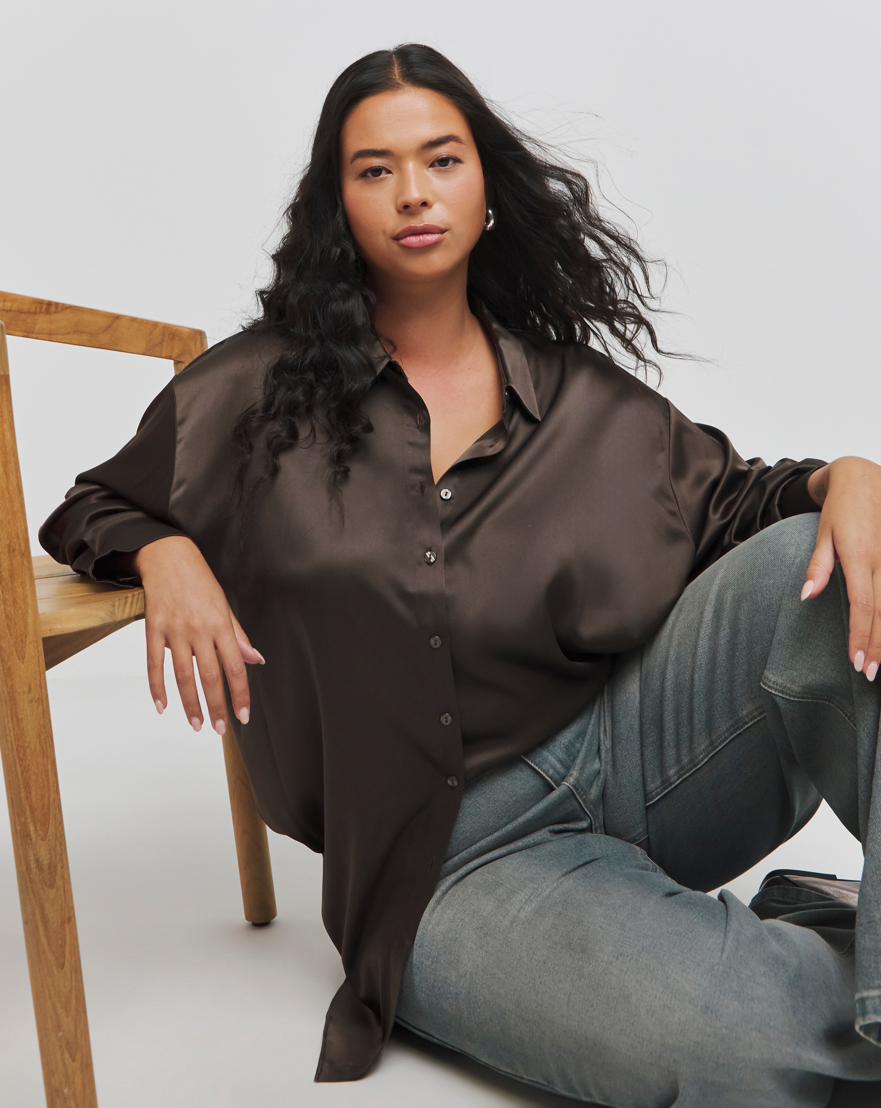 Chocolate Oversized Satin Shirt | Simply Be