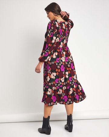 Emma Mattinson Floral Print Square Neck Shirred Waffle Tiered Midi Dress