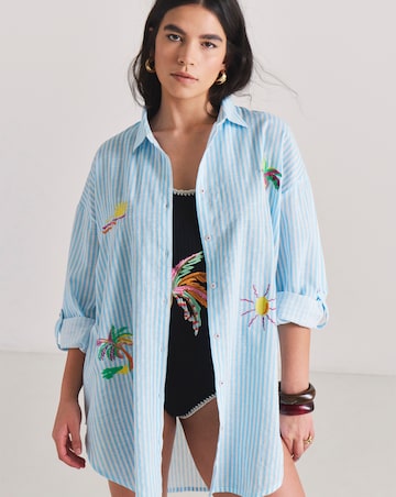 Embroidered Button Up Stripe Beach Shirt