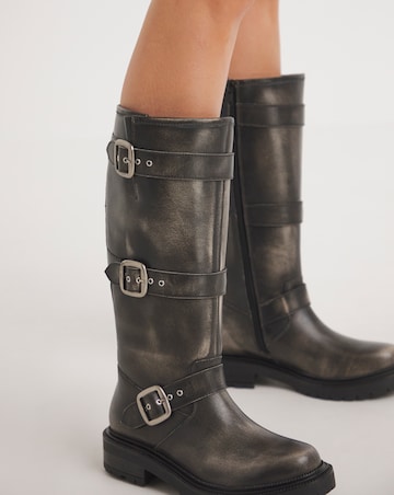 Lyra Leather Rugged Biker Boot Wide E Fit Standard Calf