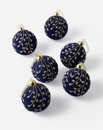 Set of 6 Flocked Navy and Gold Baubles