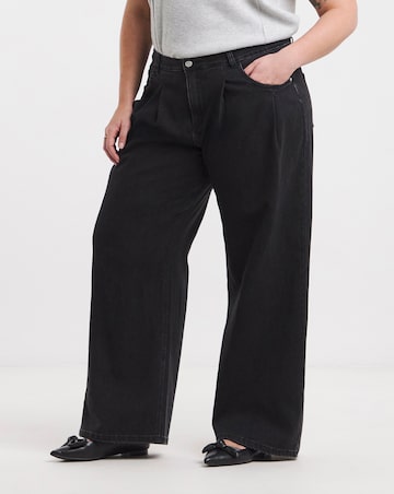 Washed Black Double Pleat Detail Wide Leg Jeans