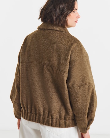 Neutral Faux Wool Seamed Detail Bomber Jacket With Collar