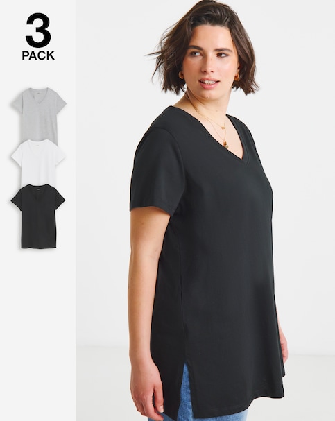 Black, White & Grey 3 Pack Pure Cotton Longline V Neck T-Shirts