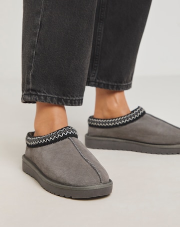 Reese Suede Embroidery Mule Snug Slipper - Wide Fit (E)
