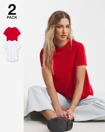 Red & White Pack 2 Curved Hem Longline T-Shirts