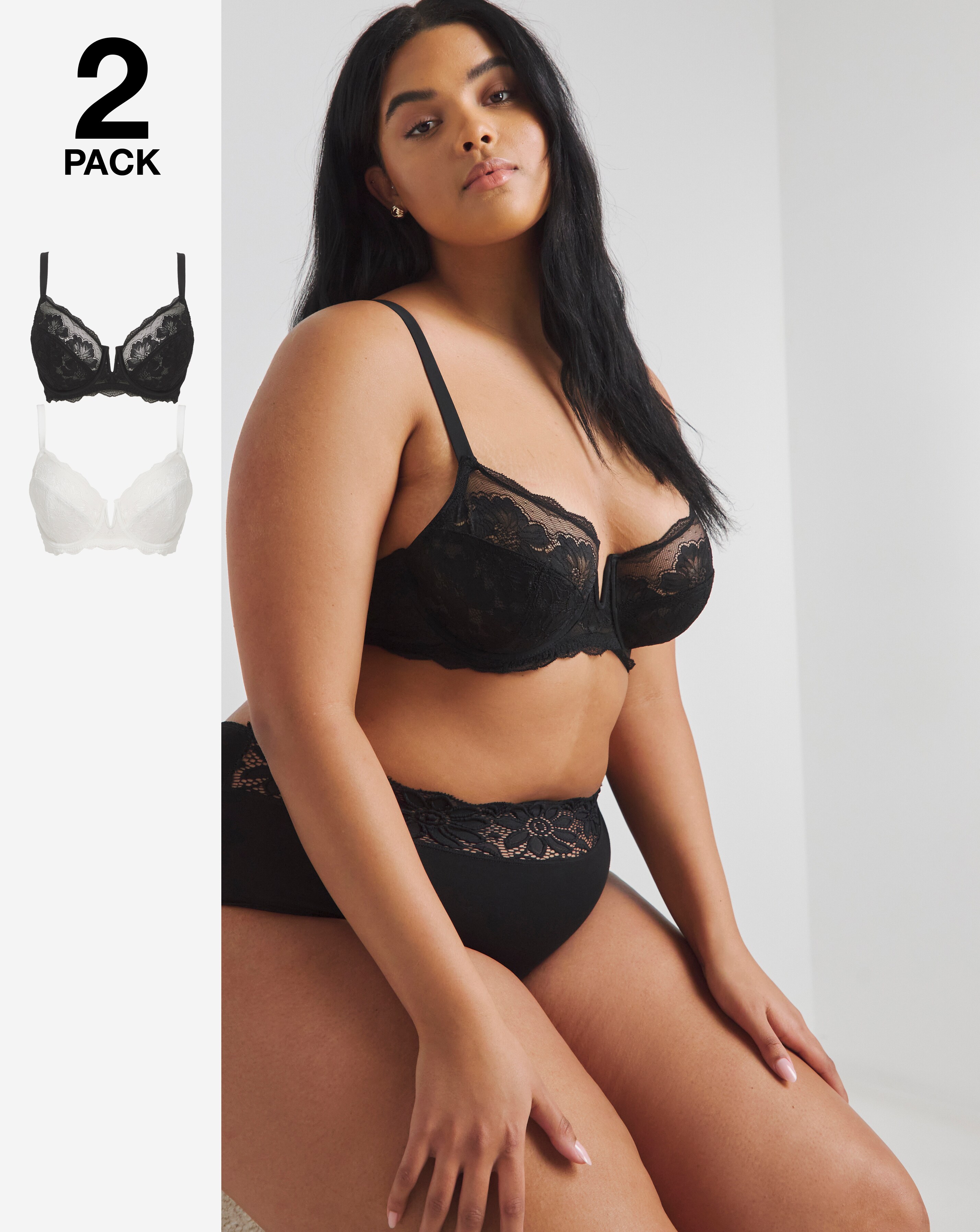 Pretty Secrets (2 Pack) Katie Lace Full Cup Wired Bras (B-G) Black/White