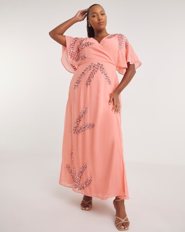 Maya Curve Wrap Front Floral Glitter Embellished Maxi Dress