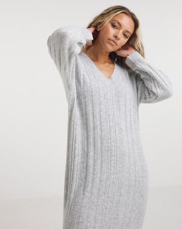 Grey V Neck Rib Midaxi Knitted Dress