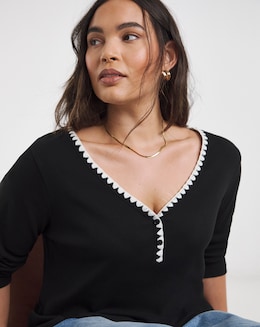 Black Ribbed Henley Top with Whipstitching