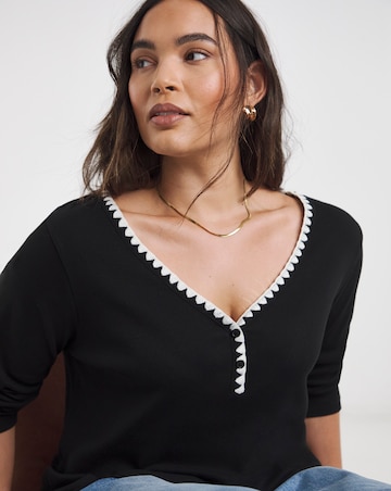 Black Ribbed Henley Top with Whipstitching