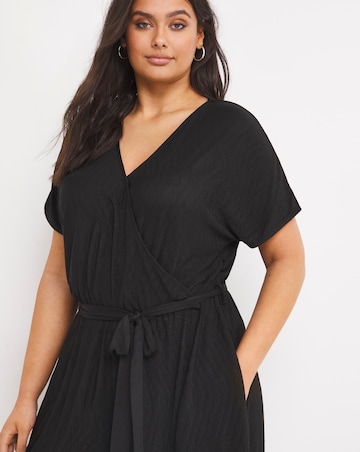 Black Short Sleeve Plisse Wrap Culotte Jumpsuit with Tie Belt