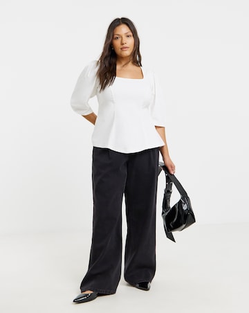 White Stretch Fit and Flare Peplum Top