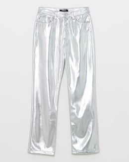 Silver Metallic PU Straight Leg Trousers