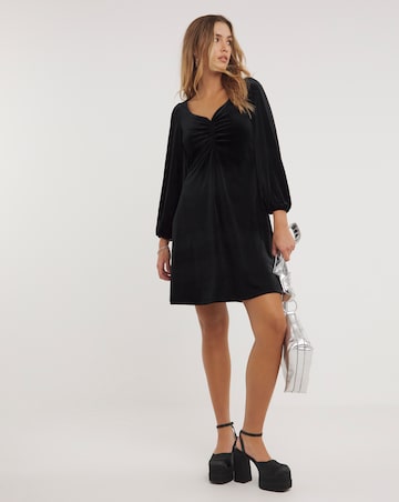Black Ruched Front Velour Tea Dress