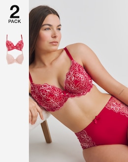 Pretty Secrets 2 Pack Ella Lace Padded Plunge Wired Bras B-F - Pink Multi