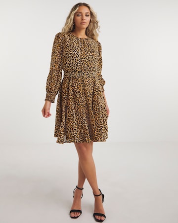 Leopard Print Georgette Belted Skater Dress