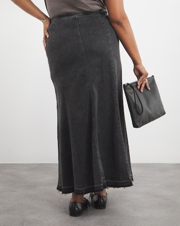 Washed Black Fit and Flare Denim Maxi Skirt