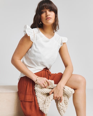Simply Be White Broderie Frill T-Shirt with Ladder Trim