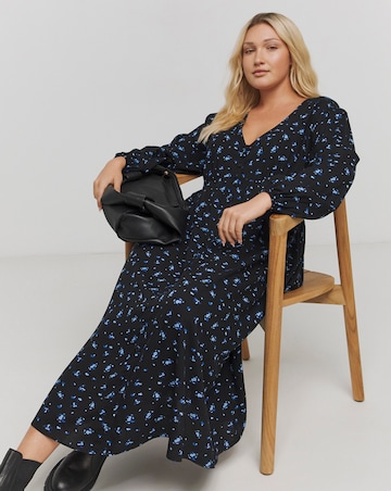 Blue Print Button Through V Neck Midi Dress