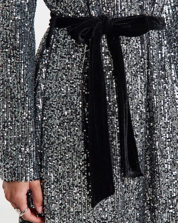 Simply Be Silver Sequin Skater Dress With Contrast Belt