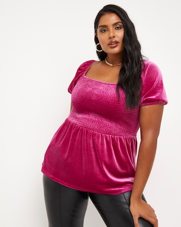 Fuchsia Shirred Velour Peplum Top