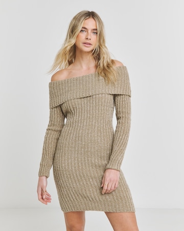 Taupe Rib Bardot Knitted Mini Dress