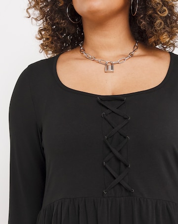 Black 3/4 Sleeve Lace Up Front Longline Tunic Top