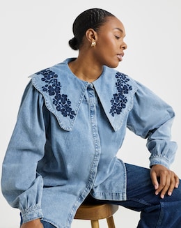 Simply Be Mid Wash Puff Sleeve Denim Blouse with Embroidered Collar