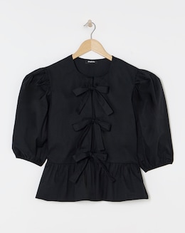Tie Front Puff Sleeve Smock Top