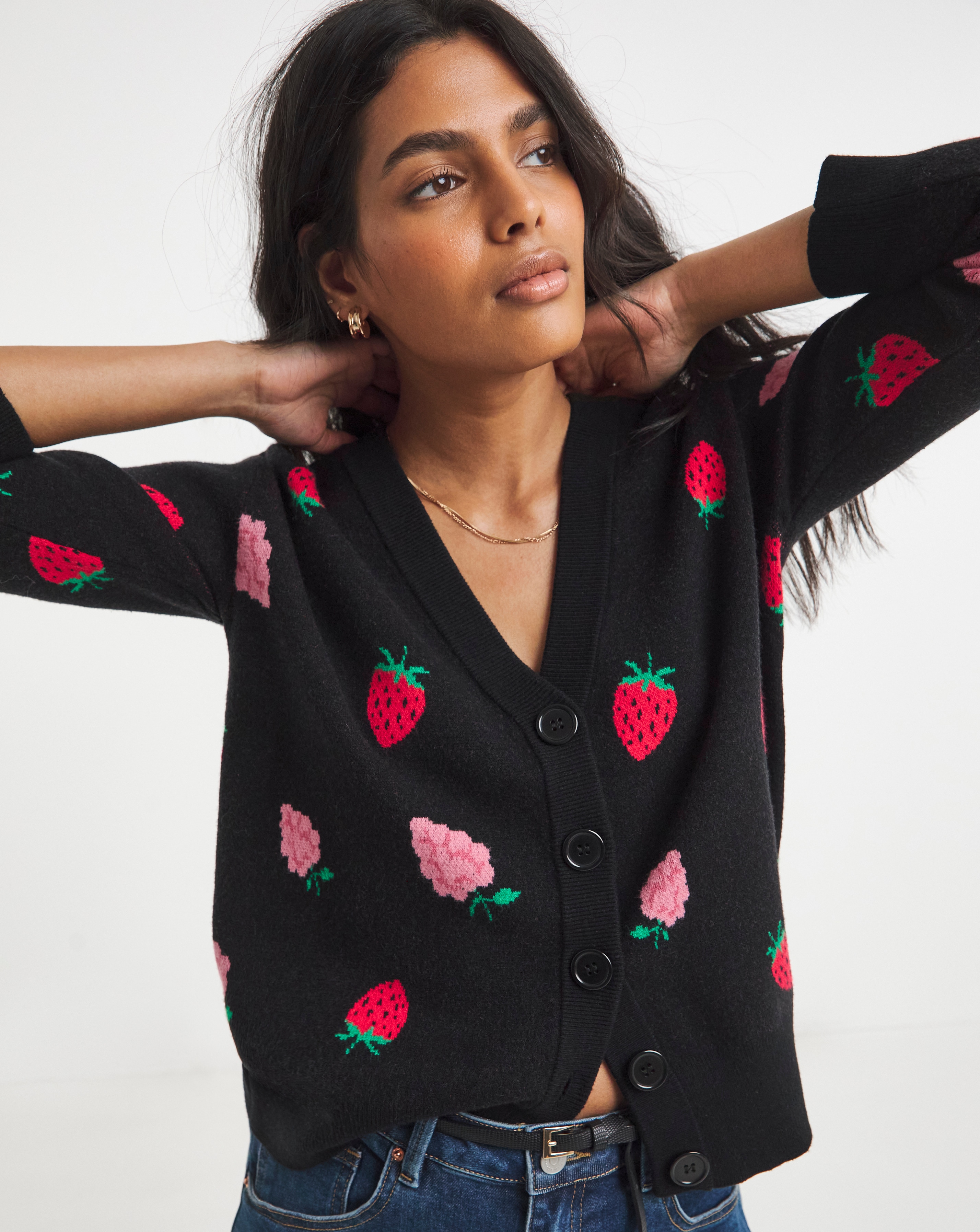 Simply Be Strawberry Fruit Print Boxy Cardigan | Simply Be
