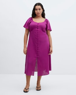 Mango Buttoned Linen Blend Midi Dress