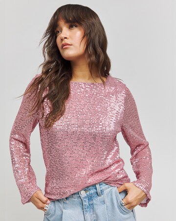 Pink Flared Sleeve Sequin Top