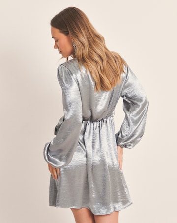 Grey Satin Tie Front Long Sleeve Dress