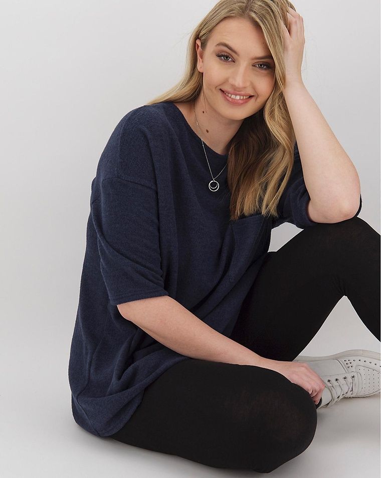 model wearing navy soft touch t-shirt